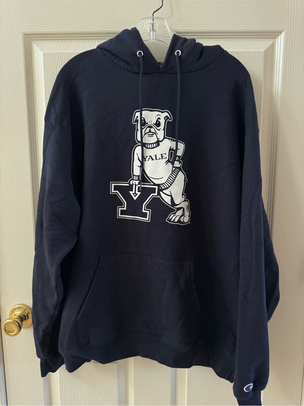Champion Navy Hoodie with White Yale Bulldog Graphic
